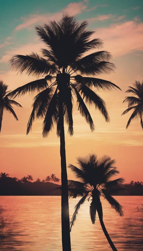 Une affiche rétro colorée représentant la silhouette d&#39;un palmier sur fond de coucher de soleil.