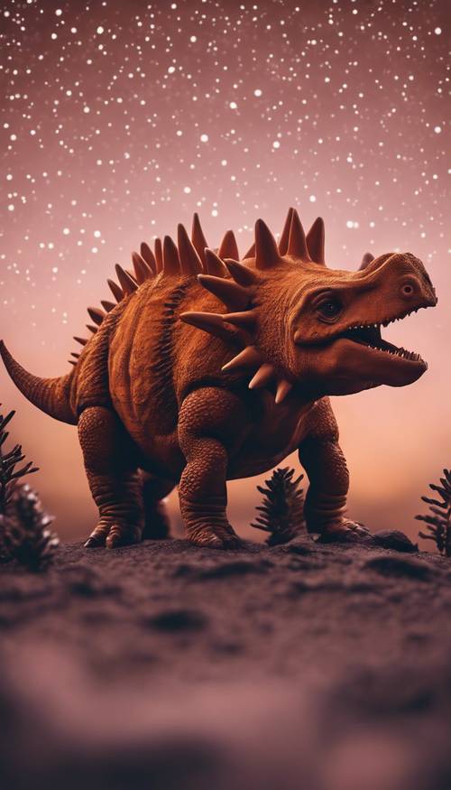 Hình ảnh tối giản về một con khủng long Stegosaurus màu cam nhạt dưới bầu trời đêm lấp lánh.