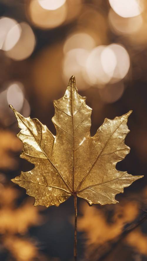 Pemandangan makro daun maple yang ditutupi daun emas mengkilap.