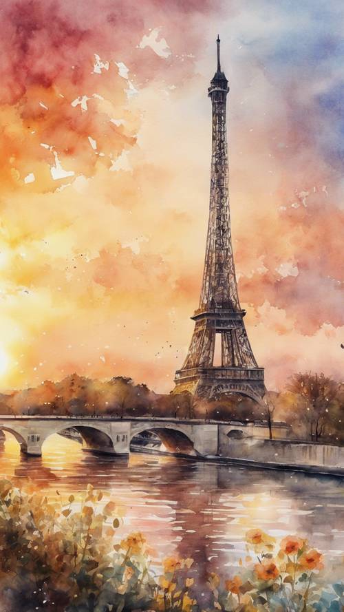 一幅充满活力的水彩画，描绘了塞纳河上的日出，背景是埃菲尔铁塔。