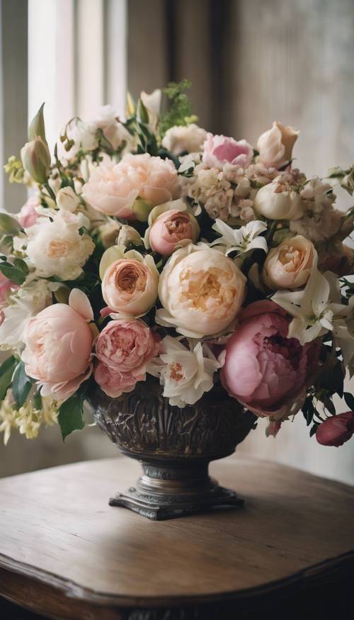 An elaborate flower arrangement featuring roses, lilies, and peonies in an antique vase.