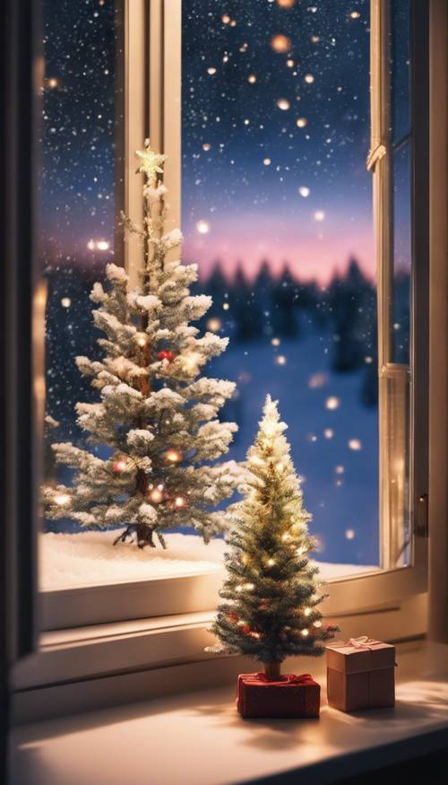 A warmly lit window with a view of the outdoors - a pure white snow field with a lone Christmas tree illuminated by colorful lights.