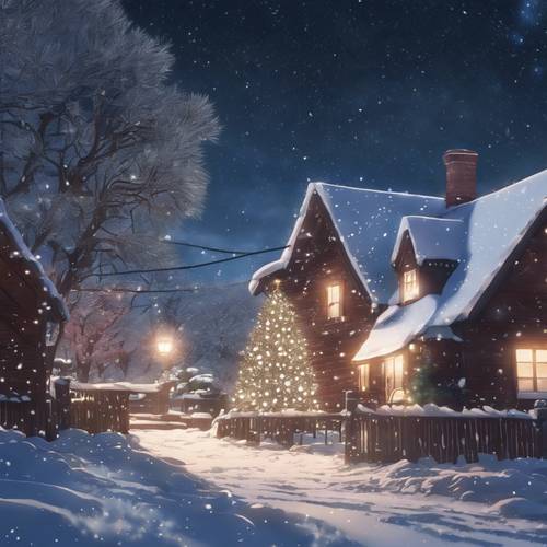 Penggambaran anime tentang keajaiban di malam Natal yang tertutup salju dengan hujan meteor menerangi langit.
