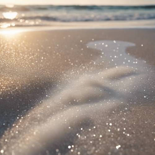 Kumun üzerindeki sabah çiyini taklit eden beyaz parıltılı sakin bir plaj sahnesi