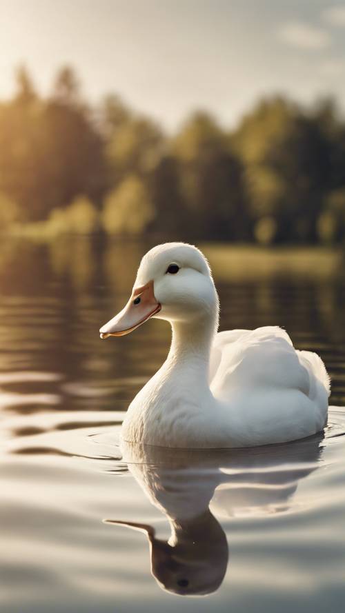 Un pato blanco solitario deslizándose con gracia sobre la superficie vidriosa de un lago tranquilo en una tarde cálida y soleada.