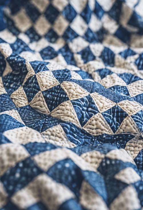 A close-up shot of a patchwork quilt, stitched with alternating squares of simplistic blue and intricate white patterns. Tapet [f364b41913fe4c30919b]