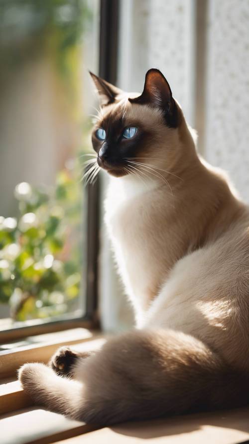 An adult Siamese cat lounging lazily on a sunny windowsill. Tapeta na zeď [c2782f0c6abb4464b6bb]