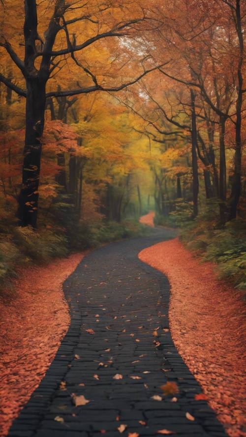 Renkli ve canlı bir sonbahar ormanının içinden kıvrılarak geçen siyah tuğlalı bir yol.