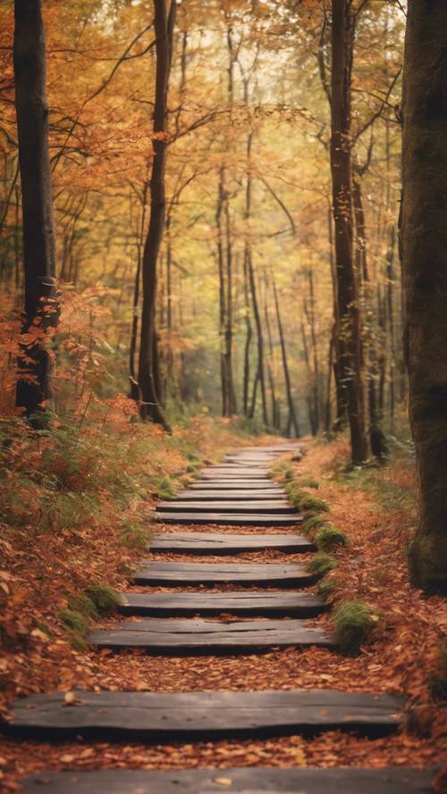 A peaceful walkway through an autumn forest with the quote 'Step by step, moment by moment.'