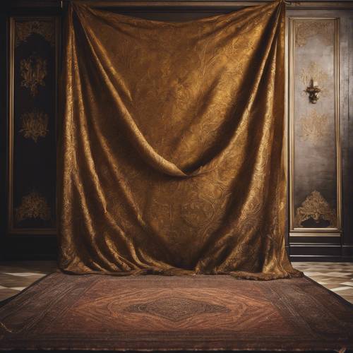 Une pièce intimement éclairée avec une tapisserie en soie marron doré ornant un mur ancien.