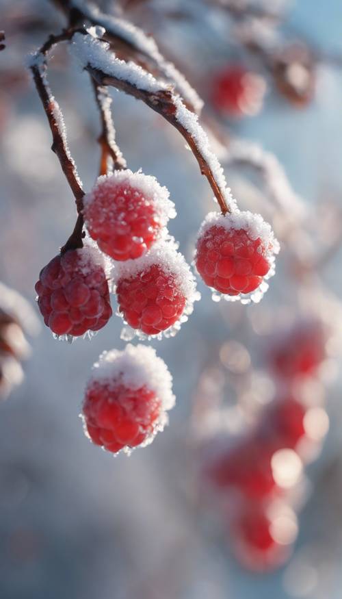 A closeup of beautiful winter berries rimmed with frost under a clear sunlit sky.