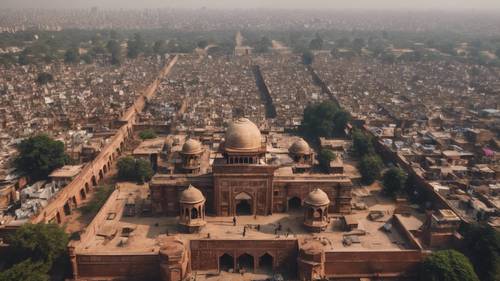 An aerial skyline view of Delhi showing the contrast of Mughal architecture and urban chaos.