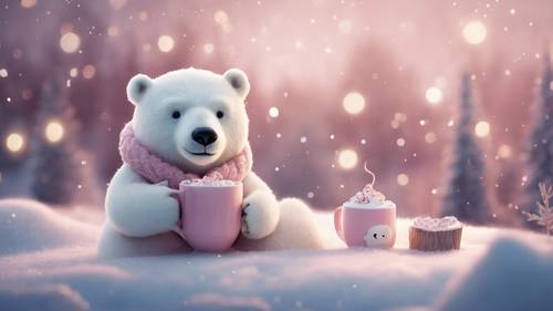 Un caprichoso paisaje invernal en tonos pastel con una encantadora noche a la luz de la luna en la que aparece un oso polar de inspiración kawaii bebiendo chocolate caliente.