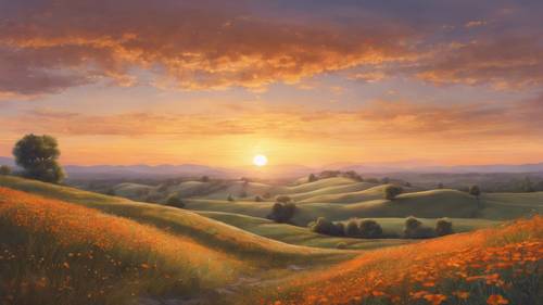 穏やかなオレンジ色の日の出が描かれた風景画。野生の花が点在する丘に広がる平和な光景