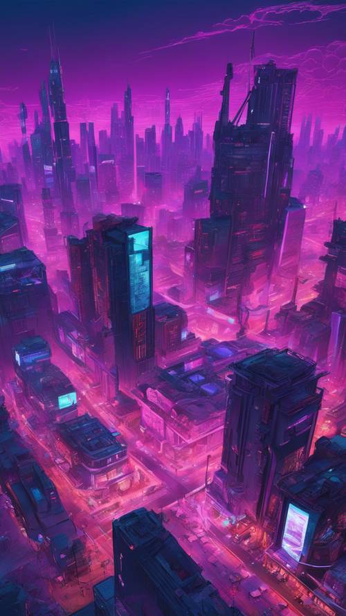 Вид с воздуха на обширный киберпанк-город, залитый глубоким синим и ярким пурпурным цветом.