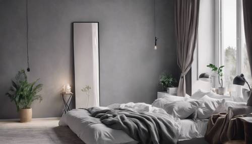 Quarto minimalista com paredes cinzentas e roupa de cama branca, banhado pela luz suave da manhã.
