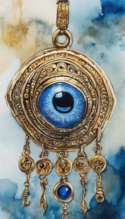 An expressive watercolor painting of an ancient evil eye amulet drawn with vivid blue hues and golden accents.