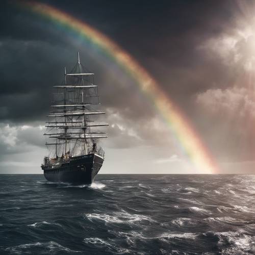 Um navio navegando no mar com um arco-íris preto ao fundo.