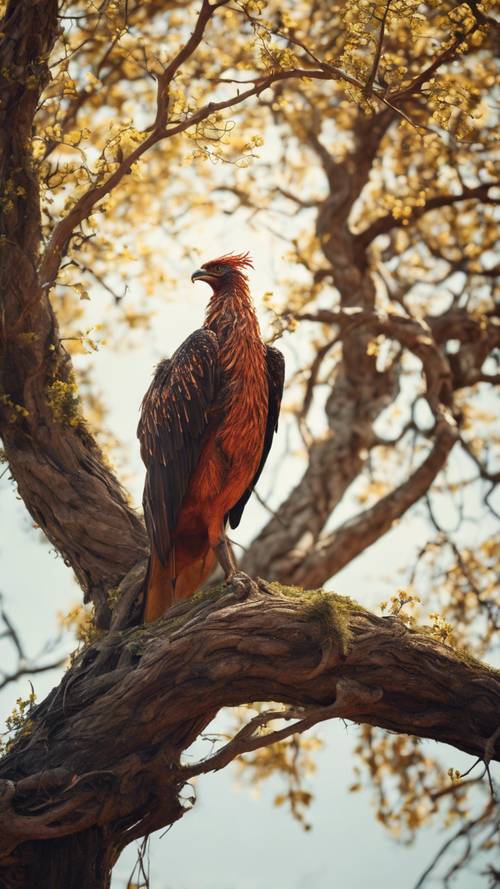 Mityczny ptak feniks czuwający nad swoimi jajami w gnieździe zbudowanym wysoko na legendarnym drzewie.