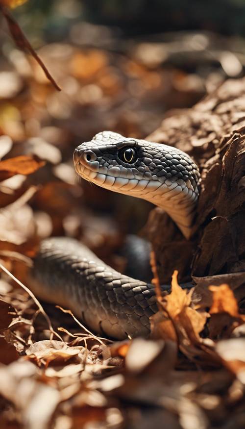 Uma cobra jovem descobrindo uma velha toca de coelho em um dia ensolarado de outono.