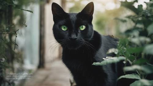 Um gato preto encantador com seus penetrantes olhos verdes, uma citação sobre curiosidade escrita no espaço ao lado.