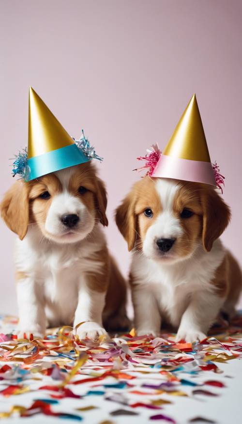 Cute puppies with tiny New Year hats playing amidst colourful streamers and confetti.