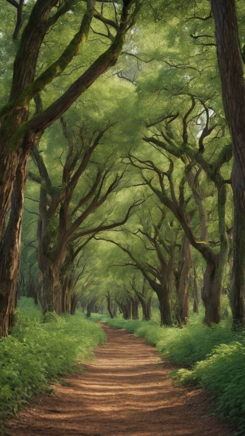 A serene forest with towering green trees and a brown dirt path winding through it.