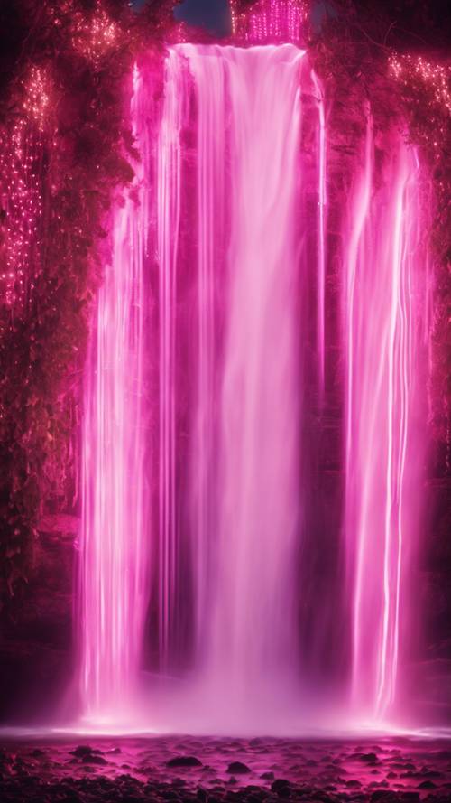A magical waterfall turning pink under the illumination of Christmas lights.