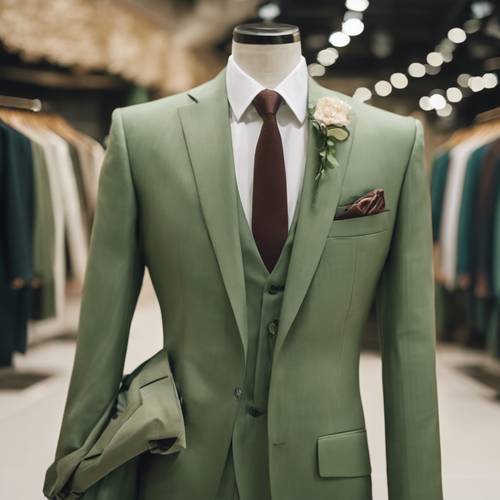 Un elegante traje de verano verde salvia para hombre mostrado en un maniquí.