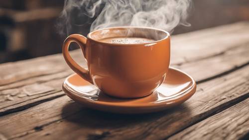 Một cốc cà phê bằng gốm màu cam nhạt đựng cà phê bốc khói trên chiếc bàn gỗ mộc mạc.