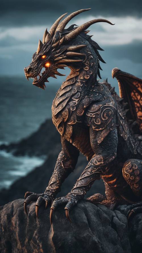 Un drago tribale, decorato con intricati tatuaggi che brillano contro le sue scaglie scure in equilibrio su una scogliera.
