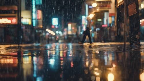 Una scena cittadina sotto la pioggia di notte, i cui riflessi sulla strada bagnata formano una citazione anime.