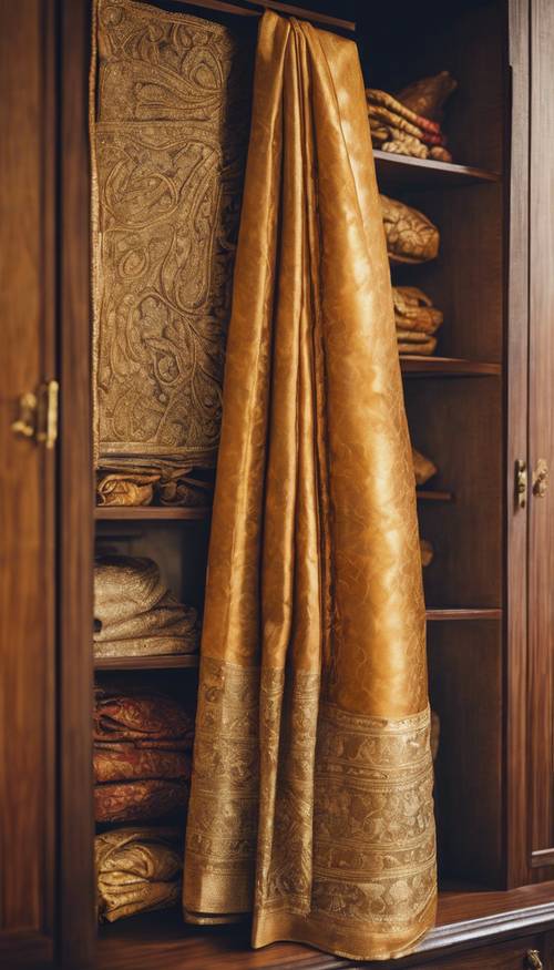 A golden silk sari with intricate patterns being displayed in a vintage wardrobe.