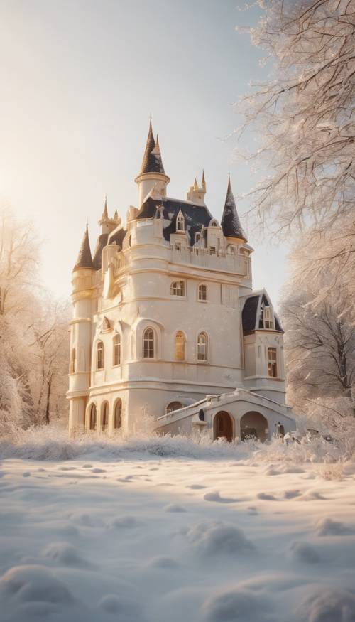 An outdoor winter scene of a towering white castle bathed in golden sunlight.