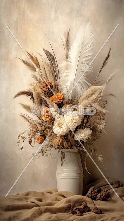 Элегантная ваза с цветами и перьями