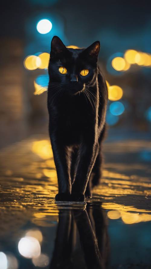 A black cat with glowing yellow eyes silently stalking its prey at midnight.