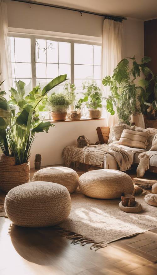 Un salon bohème moderne baigné de soleil avec des coussins de sol, de grandes plantes d&#39;intérieur et un tapis en jute sur le parquet.