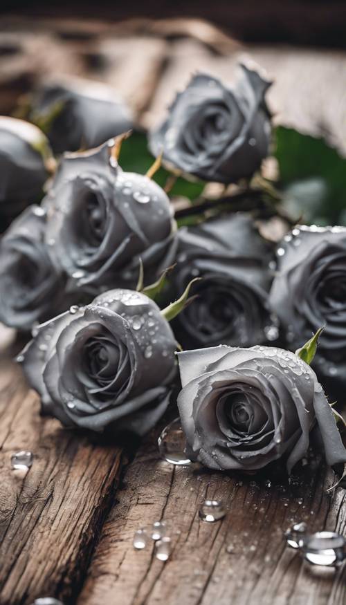 Several gray roses with dew drops on the petals, lying on a rustic wooden table.