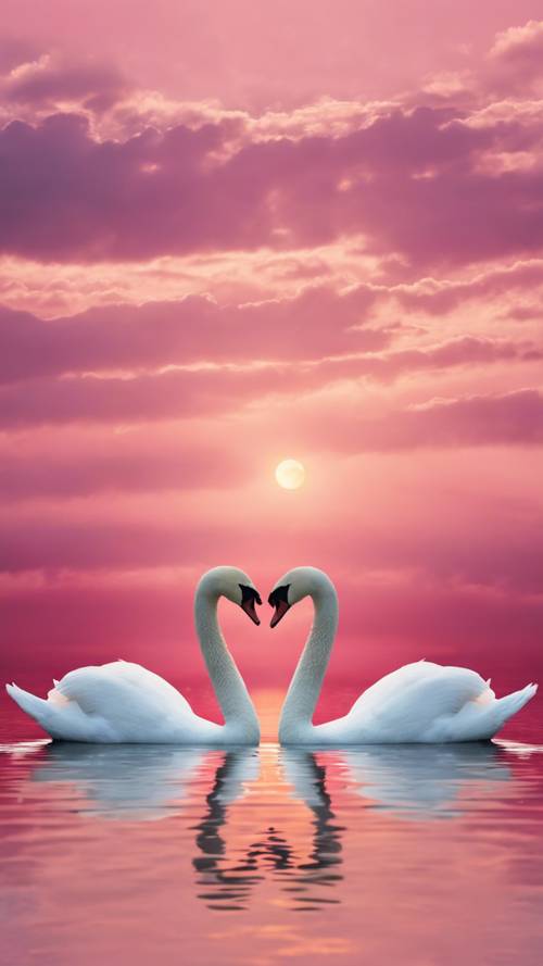 Um par de cisnes brancos amorosos formando um coração, espelhados na superfície de um lago rosa em tons de pôr do sol.