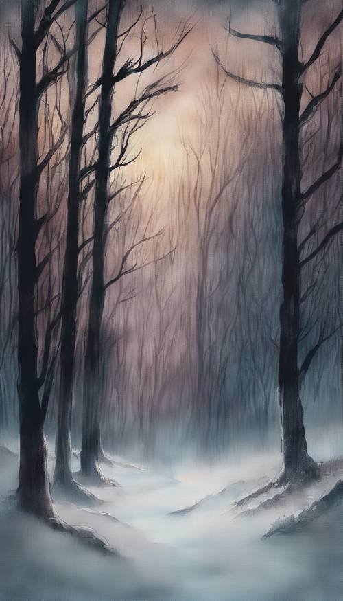 A chilling scene of dark, deep woods in a cold winter evening, painted in watercolor.