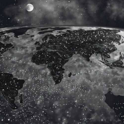 Una mappa del mondo in scala di grigi che si fonde con lo sfondo di una notte illuminata dalla luna.