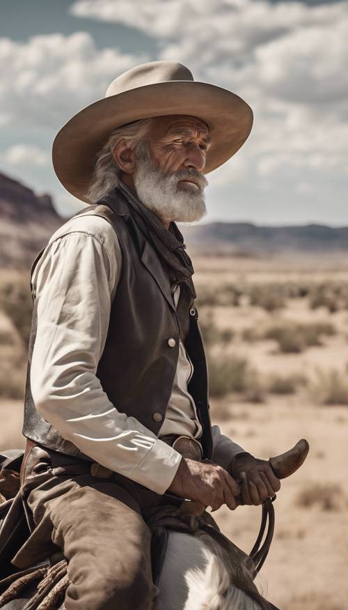 一位頭髮花白的老牛仔，戴著一頂黑帽子遮住了眼睛，騎著一匹健壯的白馬穿過塵土飛揚的平原。