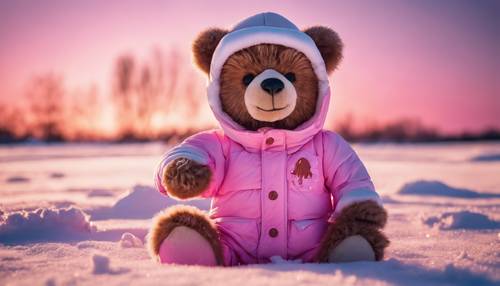 Cheery bear, in snow gear, making snow angels during a brilliant pink sunset.