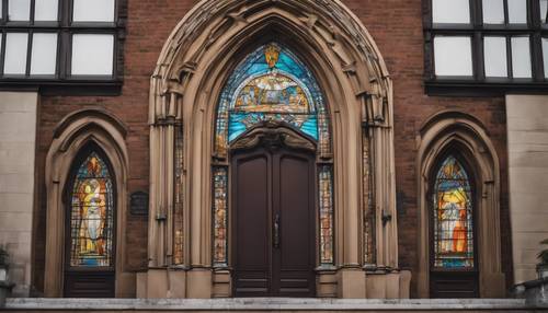 Eingang eines historischen christlichen Colleges, geschmückt mit farbenfrohen Buntglasdetails.