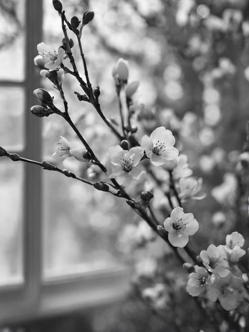 A grayscale image of the first blossoms of spring, seen through a blurred window.
