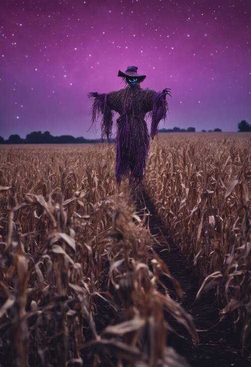 A scarecrow lit under a purple night sky, standing sentinel in a cornfield