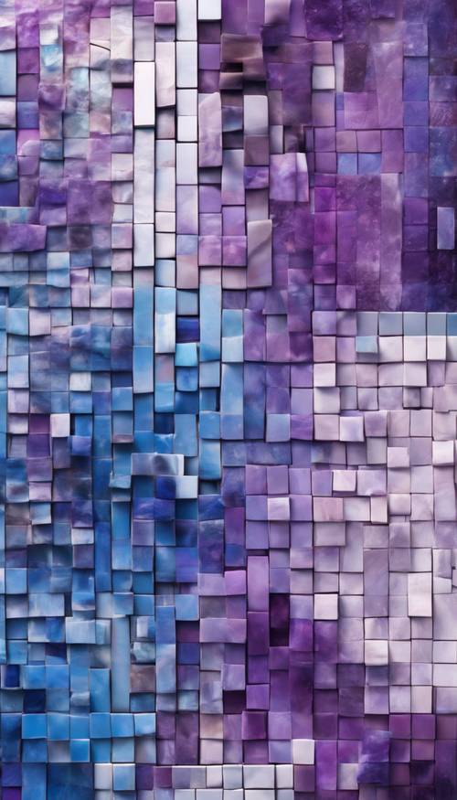 An abstract mosaic of blue and purple pieces varying in size and shape, flowing across the canvas.