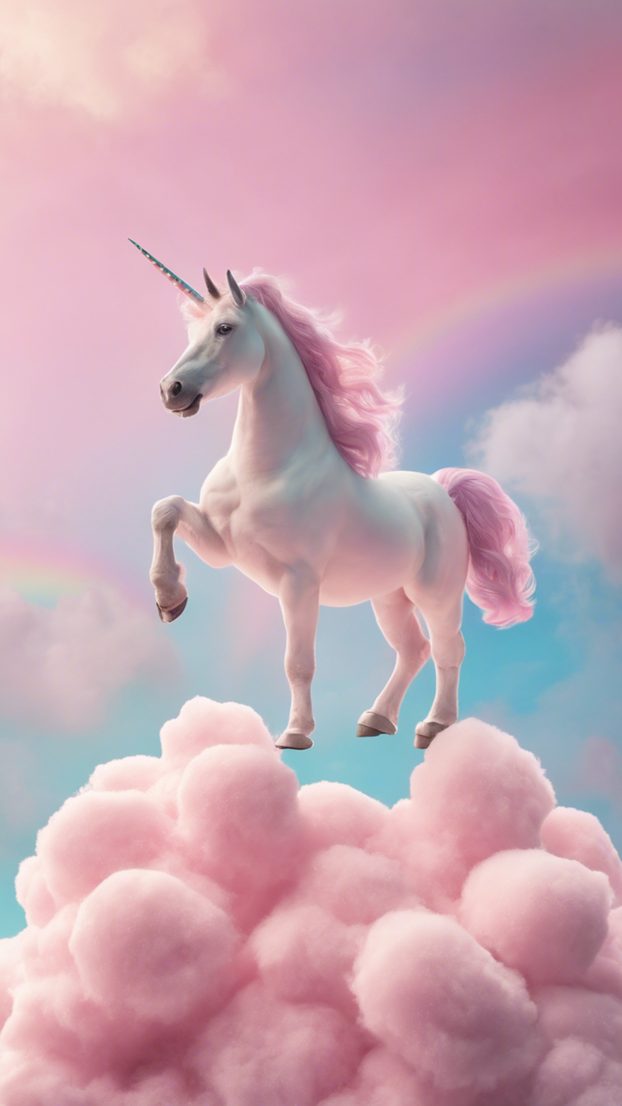 A soft, light pink, Kawaii Unicorn sitting on a pastel rainbow amidst a cotton candy cloud-filled sky. Wallpaper[259e72f48eaa46f08f48]