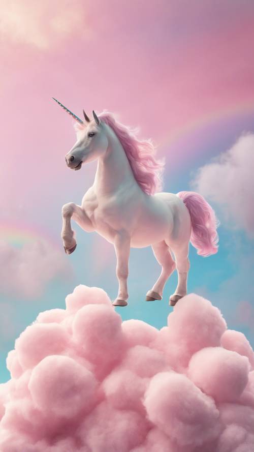 Мягкий светло-розовый кавайный единорог сидит на пастельной радуге среди неба, заполненного облаками из сахарной ваты.
