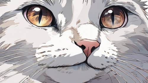 Büyük parlayan gözlere sahip, anime tarzı bir kedinin yüzünün detaylı yakın çekimi.